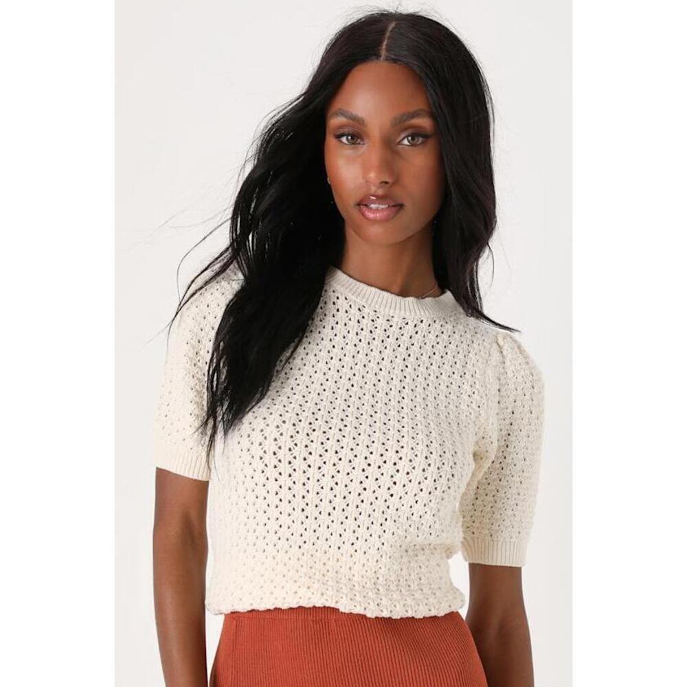Lulus Total Trend Ivory Crochet Cutout Short Sleeve Sweater Top White - Size XS